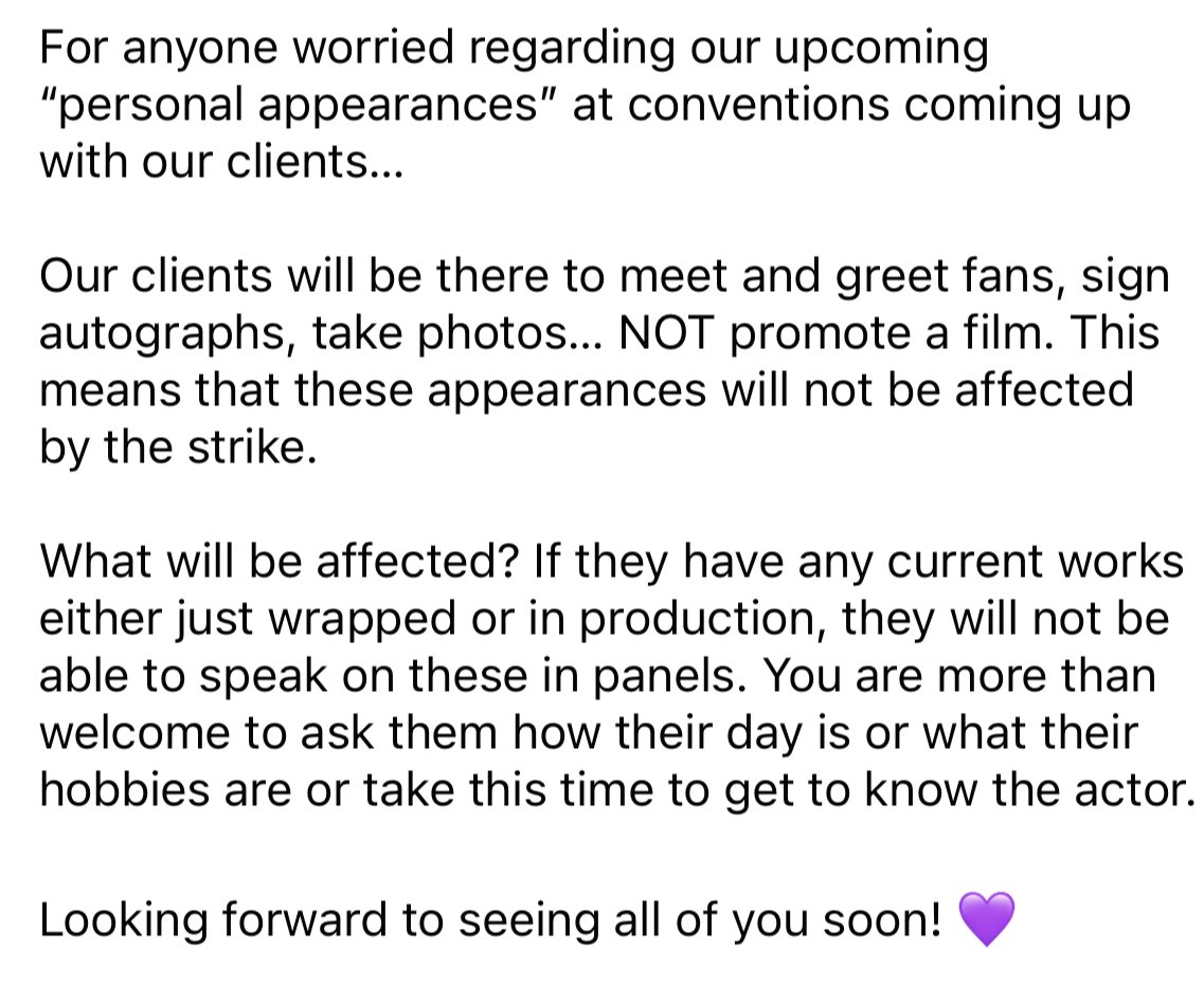 One more time for those in the back… our clients’ scheduled convention appearances will be unaffected and we look forward to seeing you all soon! 💜