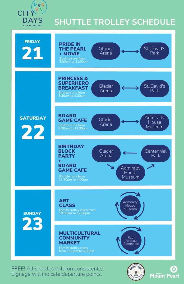 We are so excited to be a part of the Shuttle Trolley service for City Days 2023 with <a href="/Mount_Pearl/">City of Mount Pearl</a> ! Mark your calendars for the huge variety of fun events going on next weekend - some of which are hosted by Admiralty House!