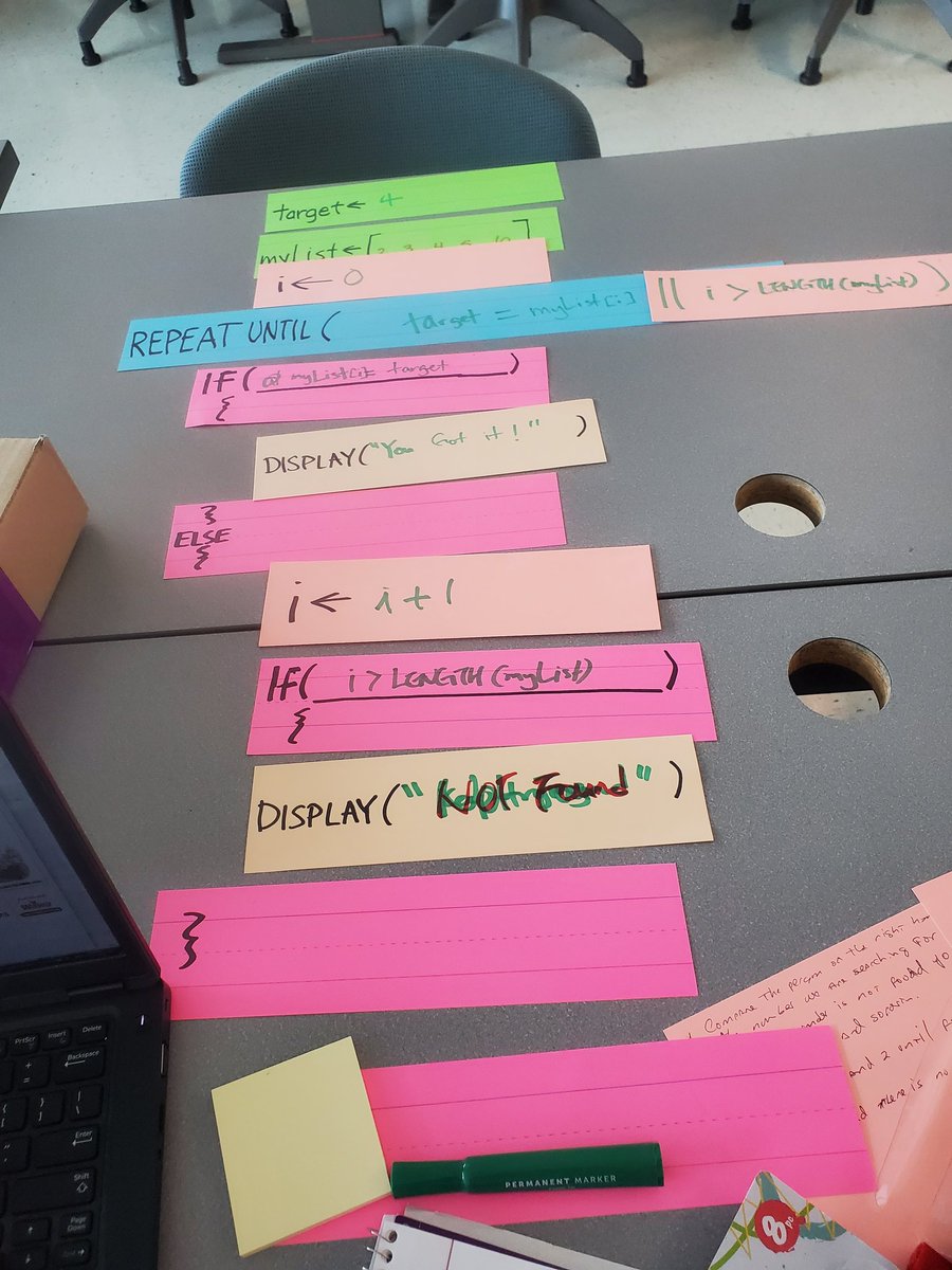 MathPrincessC's tweet image. Starting with a demonstration of linear search(kinesthetic learning), then coding using Parsons puzzle on color-coded sentence frame strips(use of manipulatives). This group of Florida teachers  just keep making lessons better and better for our AP CSP students. @USFAnchin