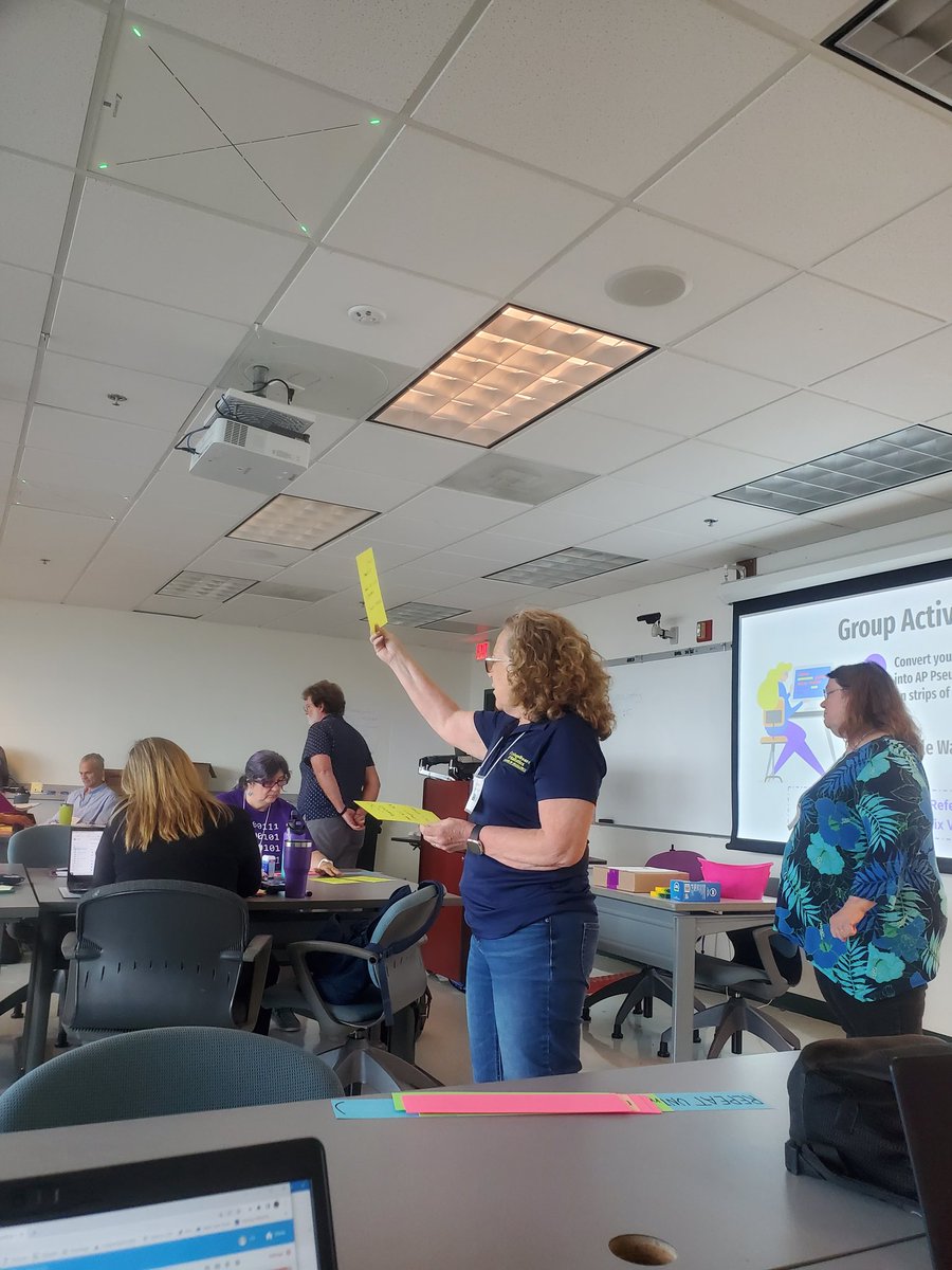 MathPrincessC's tweet image. Starting with a demonstration of linear search(kinesthetic learning), then coding using Parsons puzzle on color-coded sentence frame strips(use of manipulatives). This group of Florida teachers  just keep making lessons better and better for our AP CSP students. @USFAnchin