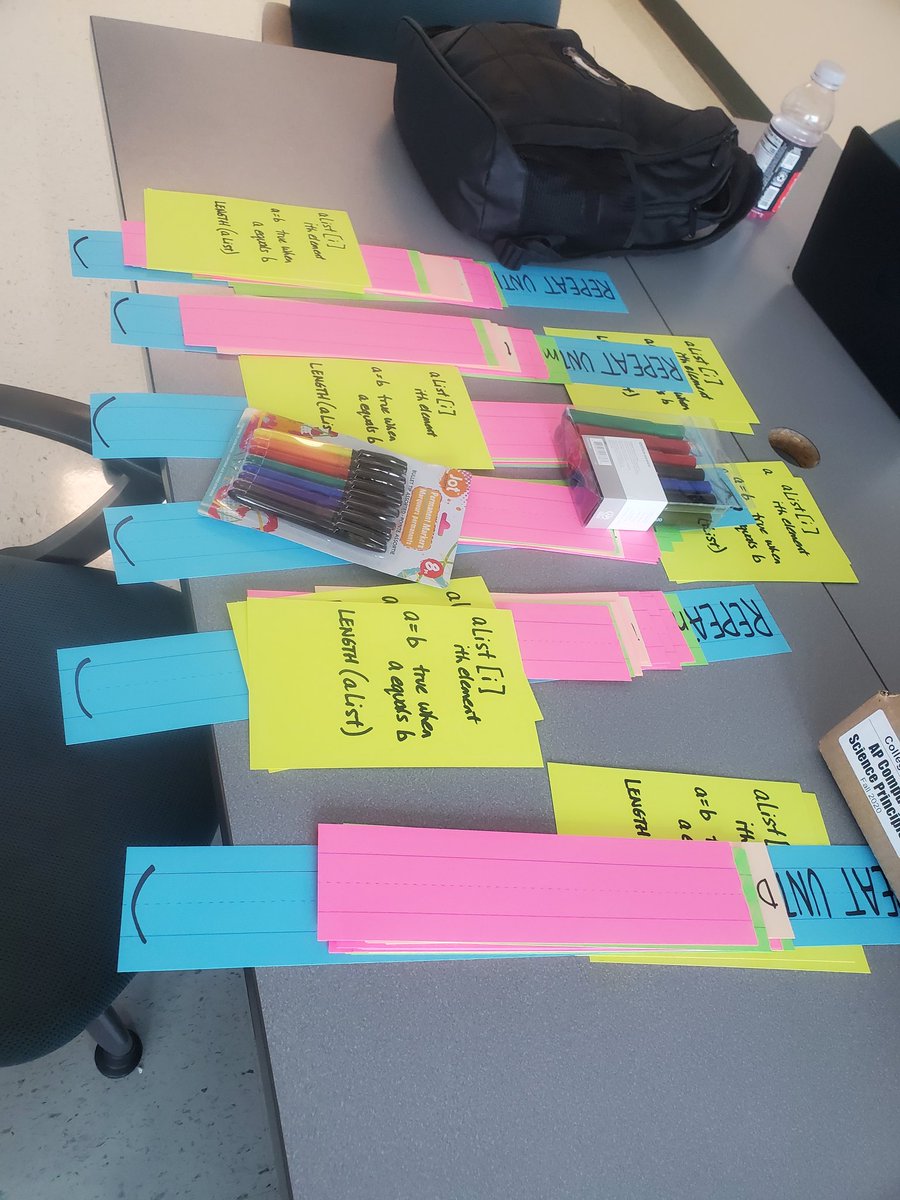 MathPrincessC's tweet image. Starting with a demonstration of linear search(kinesthetic learning), then coding using Parsons puzzle on color-coded sentence frame strips(use of manipulatives). This group of Florida teachers  just keep making lessons better and better for our AP CSP students. @USFAnchin
