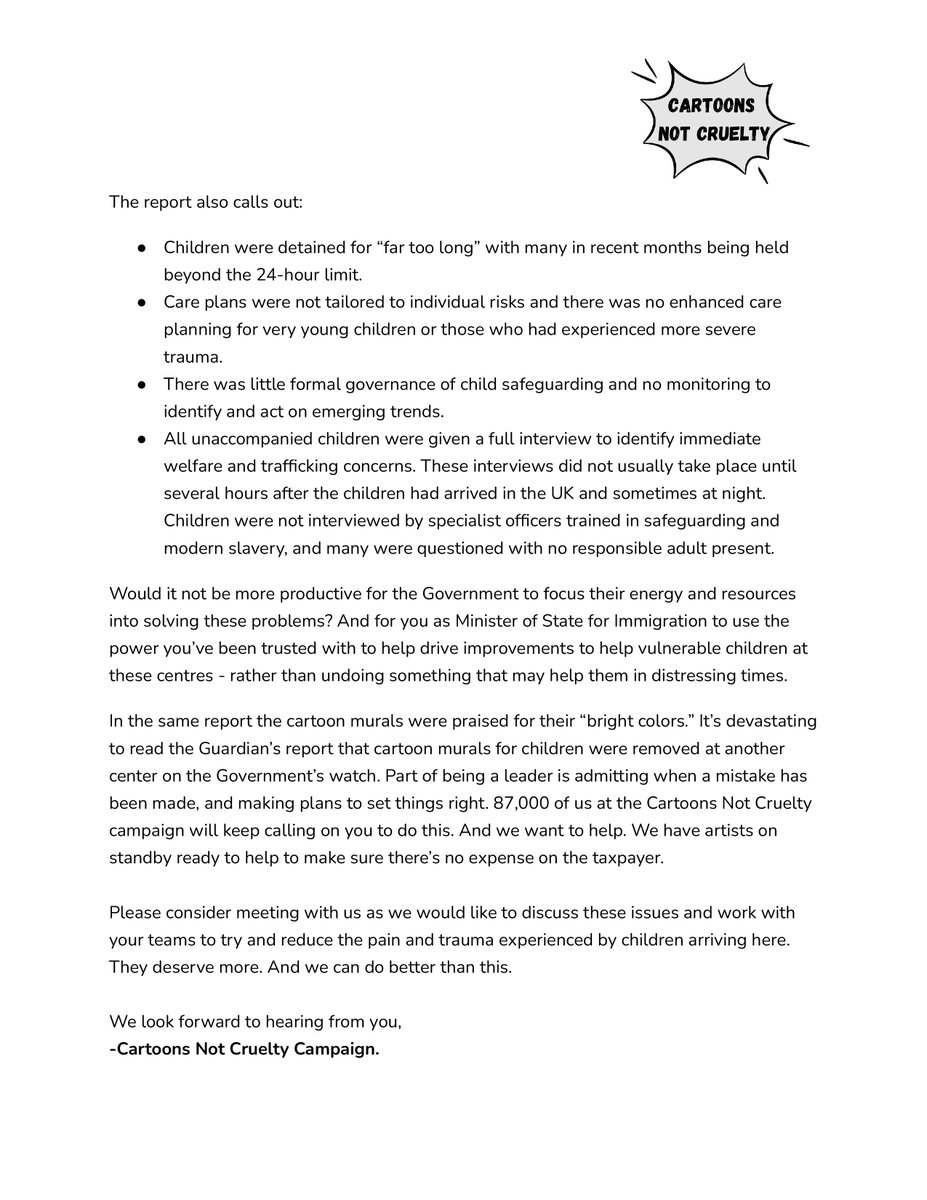🚨 Today we wrote to <a href="/RobertJenrick/">Robert Jenrick</a> and <a href="/ukhomeoffice/">Home Office</a> calling for a meeting to discuss how we can help reduce the pain and trauma experienced by children arriving in the UK.    

Over 87,000 people back our campaign to restore cartoons in asylum centres- Change.org/CartoonsNotCru…