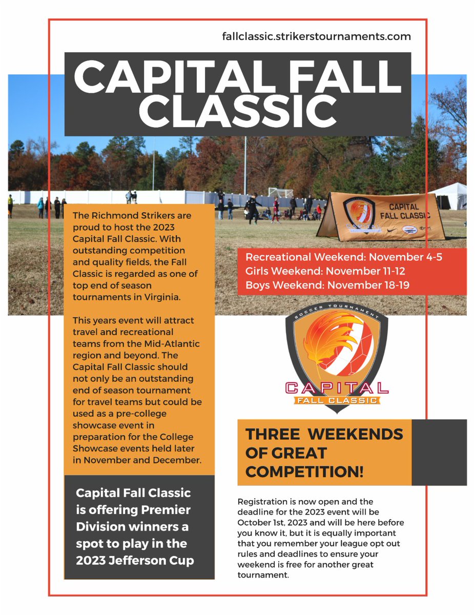 jeffersoncup's tweet photo. Applications are open now for the 2023 Capital Fall Classic!

3 great weekends of competition - The ONLY event with Jefferson Cup qualifying brackets!

🔗 https://t.co/NjVexFn6xy
🍂 #CFC23 https://t.co/CZCYWKB8kx
