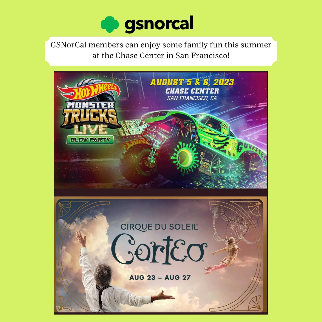 Girl Scouts NorCal (@gsnorcal) on Twitter photo GSNorCal members can enjoy some family fun at Hot Wheels Monster Trucks Live & Cirque du Soleil's Corteo! Thanks to the generosity of the <a href="/warriors/">Golden State Warriors</a> & <a href="/ChaseCenter/">Chase Center</a> a portion of each ticket sold from these shows below will be donated to <a href="/GSNorCal/">Girl Scouts NorCal</a>! ๐๏ธ Link: warriors.spinzo.com/?group=family-โฆ GSNorCal members can enjoy some family fun at Hot Wheels Monster Trucks Live & Cirque du Soleil's Corteo! Thanks to the generosity of the <a href="/warriors/">Golden State Warriors</a> & <a href="/ChaseCenter/">Chase Center</a> a portion of each ticket sold from these shows below will be donated to <a href="/GSNorCal/">Girl Scouts NorCal</a>! ๐๏ธ Link: warriors.spinzo.com/?group=family-โฆ