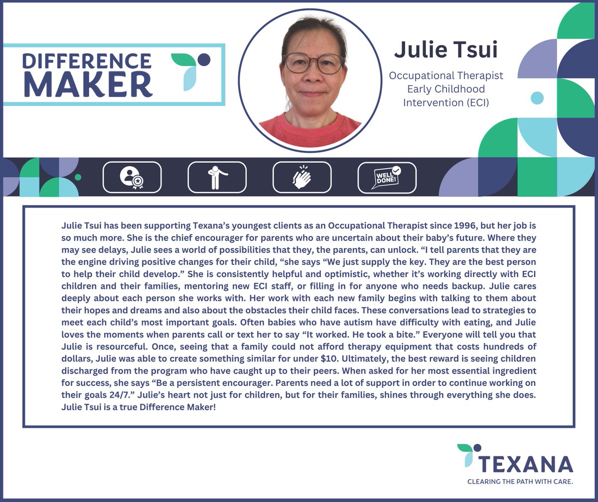 Congrats to Julie Tsui, Occupational Therapist ECI, for being selected as a Difference Maker!  Julie is the "chief encourager" for parents who are uncertain about their baby's future. Thank you, Julie for making a difference in so many children and their families!