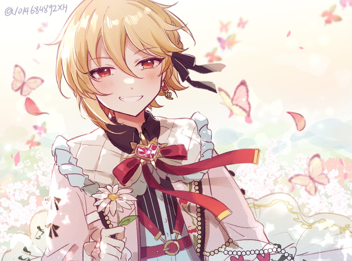 blonde hair flower 1boy male focus smile jewelry bug  illustration images