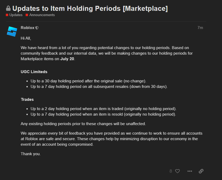 Roblox Trading News on X: Tons of deals on limiteds are currently going up  right before the 2 day hold update is coming out. 💀    / X