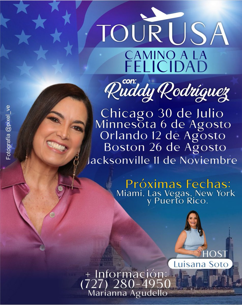 luisanasoto's tweet photo. Feliz de invitarles a Inspirarse y particpar en la gira de Ruddy Rodríguez que  llega a USA con su Tour “Camino a la Felicidad"* 🇺🇸 

No debe... https://t.co/0mXJArlrE8 https://t.co/vr5Lgnh8qD