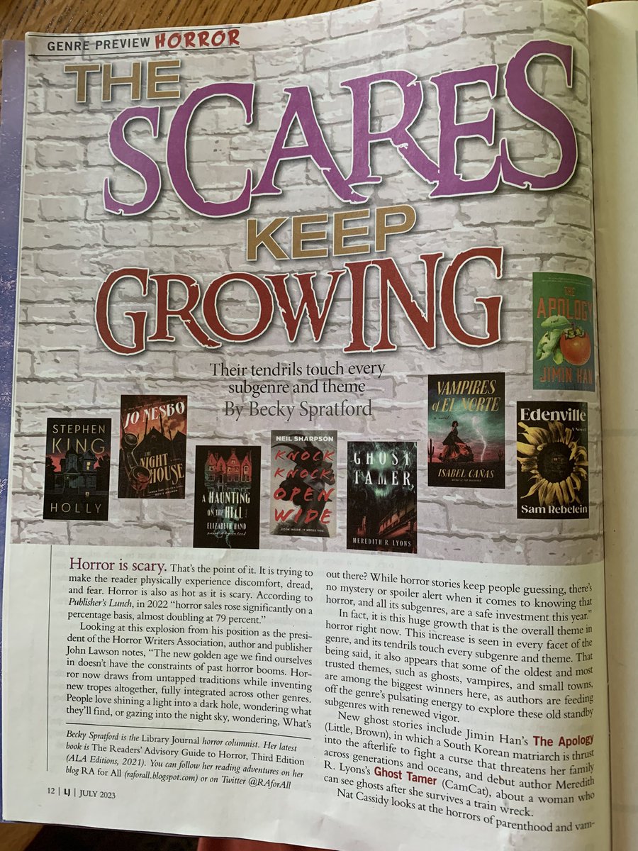 RAforAll's tweet image. Thanks to @LibraryJournal for the paper copies of the July issue with my #HorrorForLibraries genre preview and interview with cover person @casskhaw.