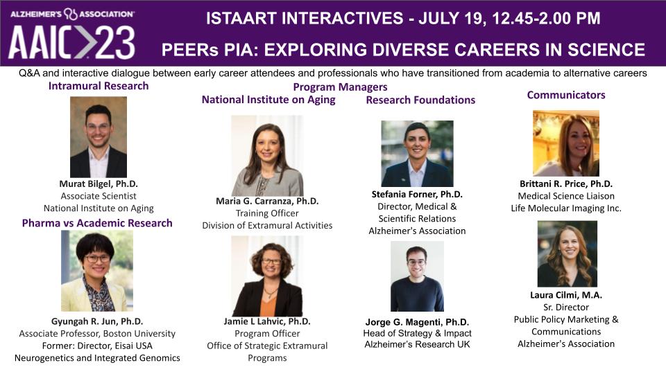 Join #PEERSPIA for an @ISTAART Interactives Lunchtime Workshop focused on Exploring Diverse Careers in Science! Date and Time: Wednesday, July 19, 2023,12.45 to 2.00 pm Location: Elicium 1, RAI Amsterdam Convention Centre #AAIC2023 #ISTAART
