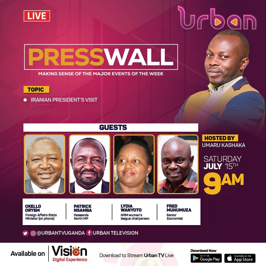Umaru Kashaka (@kashakaumaru) on Twitter photo I'll be hosting <a href="/okelloryem/">Oryem Henry Okello</a> <a href="/nsambapatrickUg/">Hon. Patrick Nsamba Oshabe Official</a> <a href="/LydiaWanyoto_M/">Lydia Wanyoto Mutende</a> <a href="/FredMuhumuza8/">Fred Muhumuza</a> this Saturday from 9-11am on #PressWall <a href="/UrbanTVUganda/">Urban Television</a> to discuss the wider implications of Iranian president's visit to Uganda. So, don't forget to tune in. Thanks!
#VisionUpdates I'll be hosting <a href="/okelloryem/">Oryem Henry Okello</a> <a href="/nsambapatrickUg/">Hon. Patrick Nsamba Oshabe Official</a> <a href="/LydiaWanyoto_M/">Lydia Wanyoto Mutende</a> <a href="/FredMuhumuza8/">Fred Muhumuza</a> this Saturday from 9-11am on #PressWall <a href="/UrbanTVUganda/">Urban Television</a> to discuss the wider implications of Iranian president's visit to Uganda. So, don't forget to tune in. Thanks!
#VisionUpdates