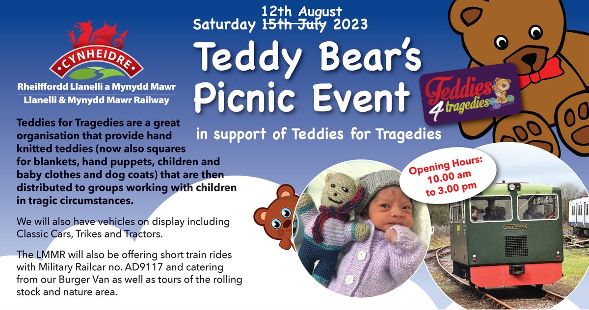 Due to the extremely poor weather forecast for tomorrow we have postponed our Teddy Bear's Picnic event &amp; re-arranged it for Sat 12th Aug instead. This decision was made in the interests of health &amp; safety for our all. We hope to see you on the 12th August.