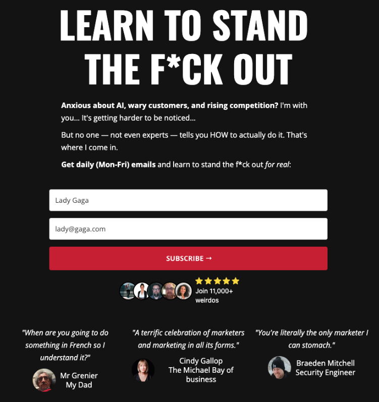 benphila's tweet photo. the world wants you to be vanilla (as @thesamparr says)

This landing page is double chocolate chunk.

- swearing in the headline
- optin form autofill that made me laugh out loud
- saying "11,000 weirdos" instead of "11,000 subscribers"

nice job @LouisSlices https://t.co/oUG1TlPrT7