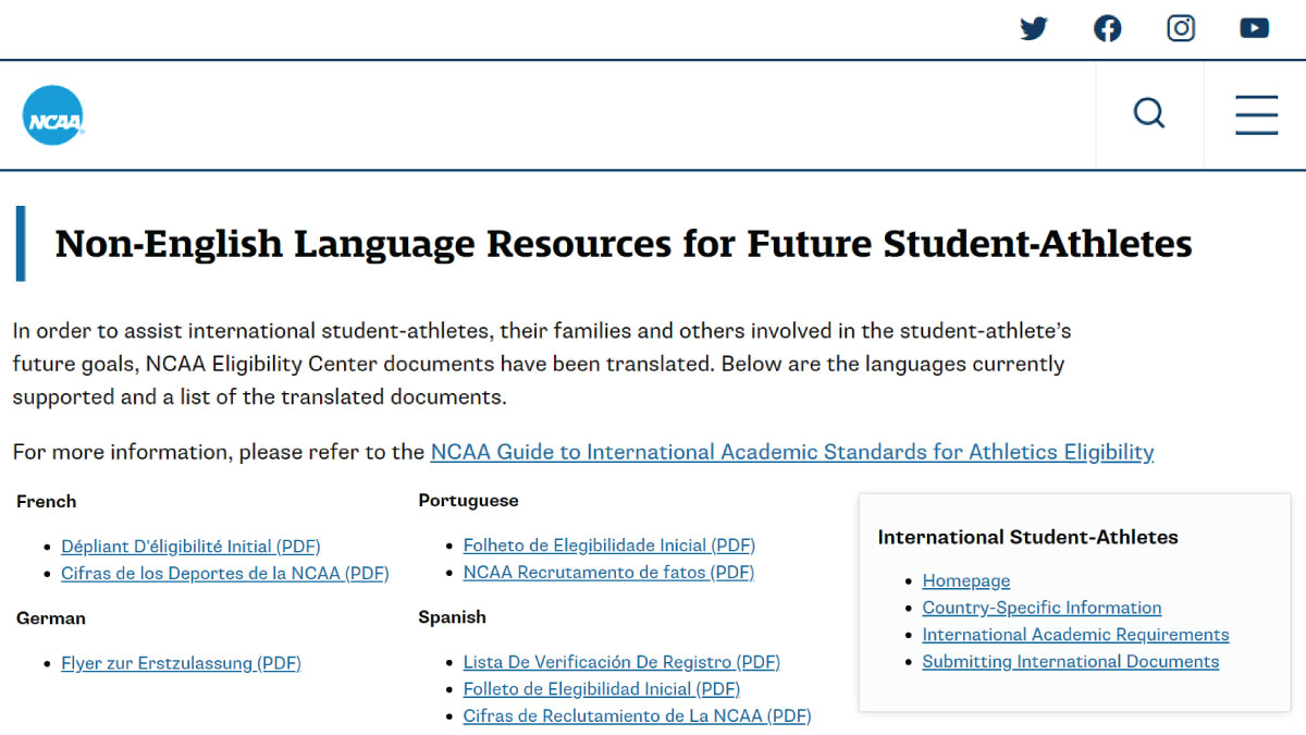 Speak French, German, Portuguese or Spanish? The <a href="/ncaaec/">NCAA Eligibility Center</a> has international resources translated for you and your family.  

➡️ on.ncaa.com/Translated