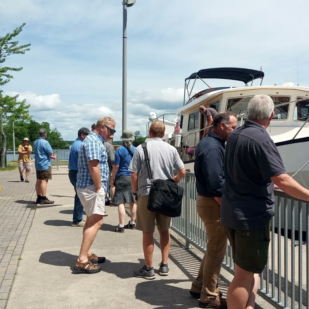 #TeamSSEA presented to the Lake Huron Tech Committee  (@LampreyControl) on #waterquality work in #SevernSound. Got a tour of dam renovations at #Lock45 in #PortSevern & a chance to see fish spawning #habitat potential as seen through the eyes of brilliant fish habitat biologists!