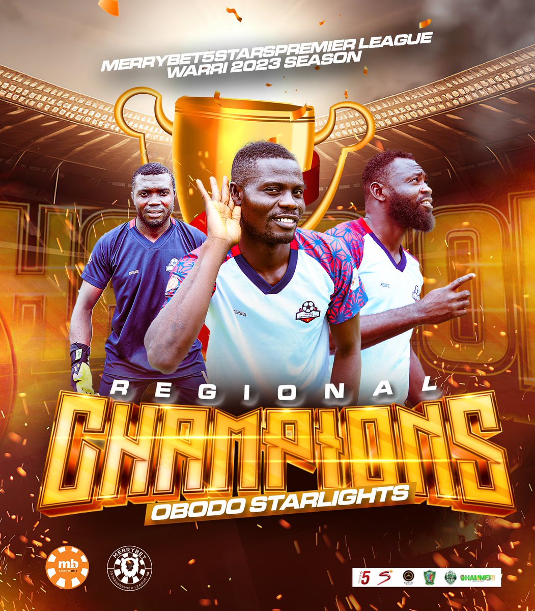 After intense weeks of LIVE match days. We now have the CHAMPIONS in Warri !!

Let’s welcome @obodostarlightfc as the Regional Champions in Warri of the Merrybet5stars Premier League 2023 !! They will be in Lagos to battle for the National Championship. ✈️