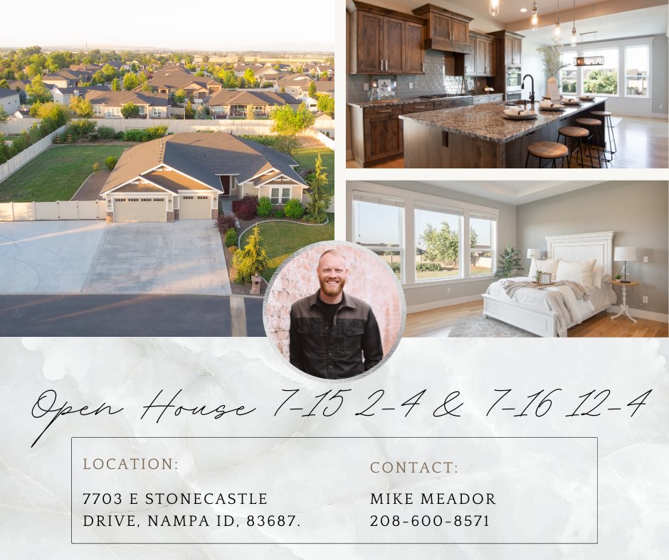 🏠 Open House Alert 🏠
Saturday July 15th, from 2-4pm & Sunday July 16th, from 12-4pm.
Address: 7703 E Stonecastle Drive, Nampa ID, 83687.

Call me with any questions, this could be the one!

#nampaidaho #openhouse #idaholiving #realestate #idahome #treasurevalleyhomes #Boise