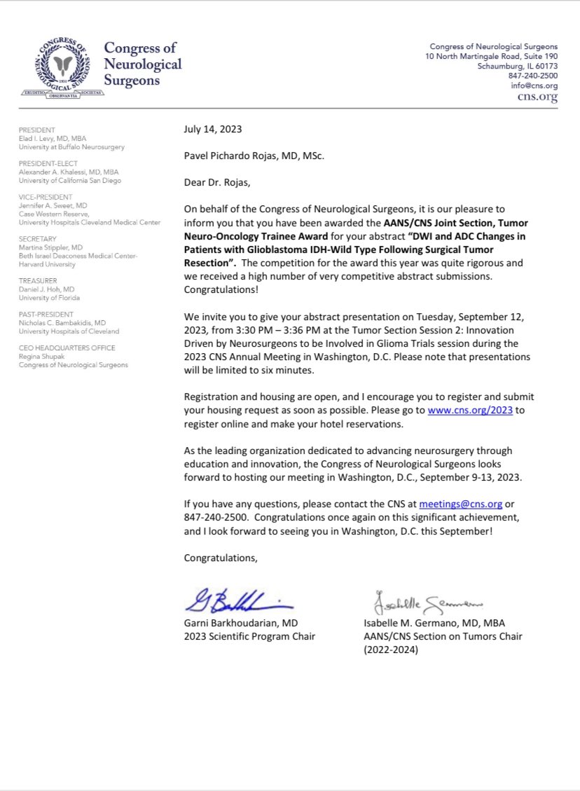 PavelPichardoMD's tweet photo. Words can even describe how happy I feel right now! I’ve been awarded ‘AANS/CNS Joint section, Tumor oncology trainee award’. Thank you SO much @CNS_Update ! Truly proud to be sharing our work at @NeurosurgUTH. Thanks to my mentors! @DrNTandon &amp; DrEsquenazi #neurosurgery #2023CNS https://t.co/WUpKbVNyFb