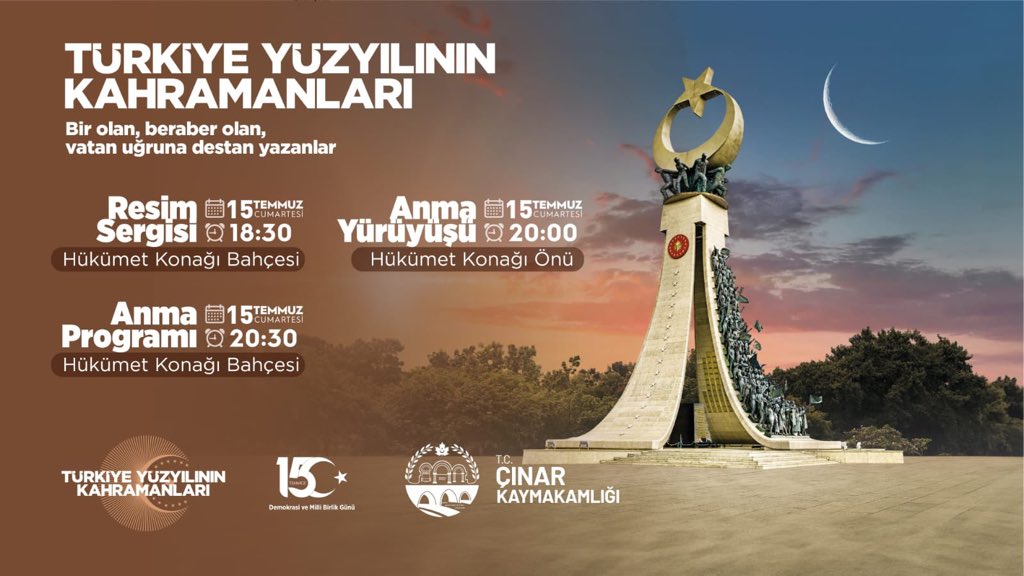 Çınar Bağacık İlkokulu-İmam Hatip Ortaokulu (@bagacik_721656) on Twitter photo Türkiye Yüzyılı'nın Kahramanlık Destanı #15TemmuzDemokrasiveMilliBirlikGünü'nde halkımızı ilçemizde düzenlenecek olan anma programına davet ediyoruz.🇹🇷🇹🇷
#TürkiyeYüzyılınınKahramanları’na Saygıyla ve Minnetle
<a href="/tcmeb/">Millî Eğitim Bakanlığı</a> <a href="/dbakirvalilik/">T.C. Diyarbakır Valiliği</a> <a href="/Murat4Kucukali/">Murat Küçükali</a> <a href="/mfgunlu/">Muhammed Fatih GÜNLÜ</a> <a href="/ideaziz1/">Mehmet Aziz İDE</a> Türkiye Yüzyılı'nın Kahramanlık Destanı #15TemmuzDemokrasiveMilliBirlikGünü'nde halkımızı ilçemizde düzenlenecek olan anma programına davet ediyoruz.🇹🇷🇹🇷
#TürkiyeYüzyılınınKahramanları’na Saygıyla ve Minnetle
<a href="/tcmeb/">Millî Eğitim Bakanlığı</a> <a href="/dbakirvalilik/">T.C. Diyarbakır Valiliği</a> <a href="/Murat4Kucukali/">Murat Küçükali</a> <a href="/mfgunlu/">Muhammed Fatih GÜNLÜ</a> <a href="/ideaziz1/">Mehmet Aziz İDE</a>