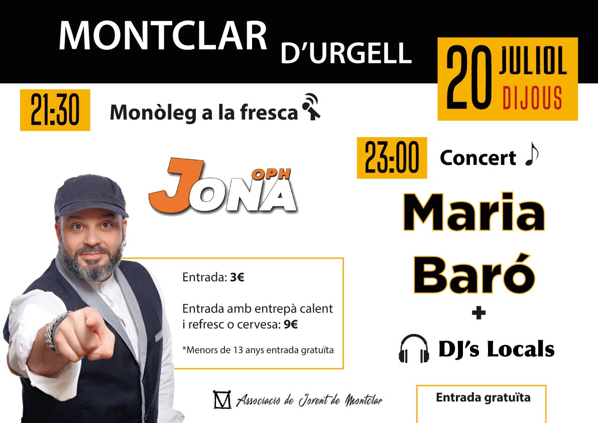 És impossible no riure's amb l'humorista Jona, OPH🎭, que ens portarà el seu monòleg «Recordant, rient, vivint…»

Tot seguit, música en directe amb Maria Baró, una jove cantant d’Artesa de Segre que va concursar en La Voz Kids el 2021 i Dj’s Locals.🎶