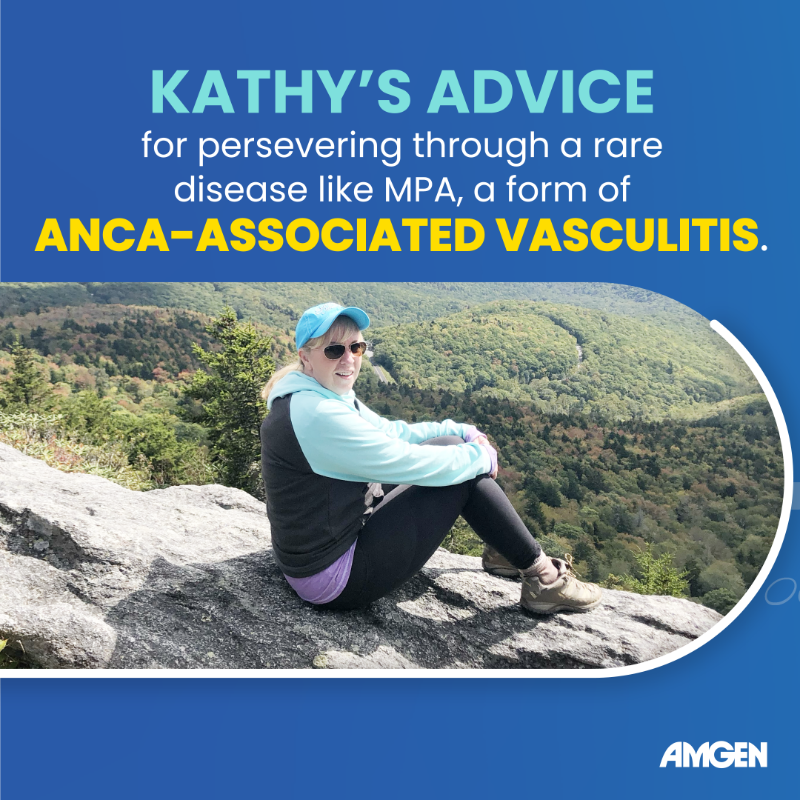 Amgen's tweet photo. Diagnosed with MPA, a form of ANCA-associated #vasculitis, @KathyOlevsky discovered ways to thrive and still pursue her passions. 

Learn more about her journey &amp; tips for navigating the challenges of this rare disease.