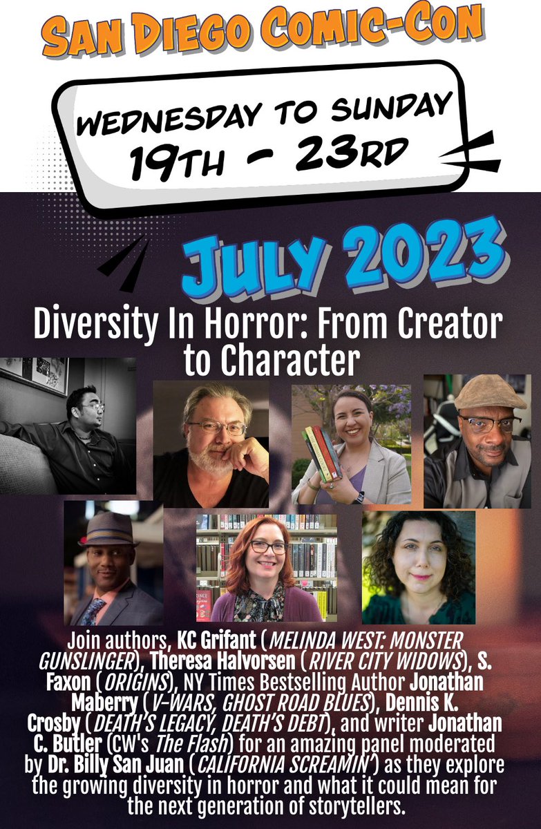 Join me, @KCGrifant, @ReadingEscape, @JonathanMaberry, @TheresaHauthor, @Billi_sense, and Jonathan Butler for an incredible discussion on the Diversity In Horror! If you’re coming to #ComicCon stop by and see us!
