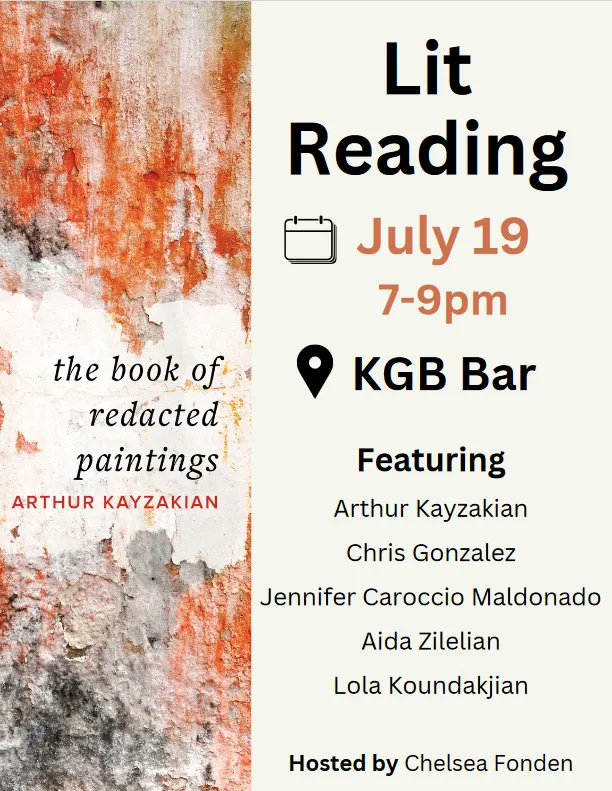 If you haven't heard, there's going to be a Lit Reading at @kgbbarlitmag on 7/19 from 7-9pm EDT with Arthur Kayzakian, @livesinpages, Jennifer Caroccio Maldonado, @AidaZilelian, & @LKoundakjian, hosted by Chelsea Fonden! https://t.co/w9mf0cjo0a 

@SusanSchulman @IPGbooknews https://t.co/VmpaPkv8iP