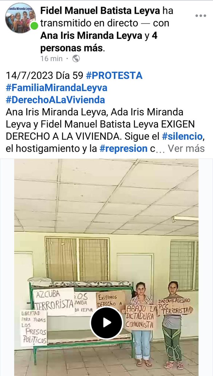 14/7/2023 Día 59 #PROTESTA 
#FamiliaMirandaLeyva
#DerechoALaVivienda
A no Ana Iris Miranda Leyva, Ada Iris Miranda Leyva y Fidel Manuel Batista Leyva EXIGEN DERECHO A LA VIVIENDA para su #familia tras 2 AÑOS Y 10 MESES DESPLAZADOS por #represion comunista

m.facebook.com/story.php?stor…