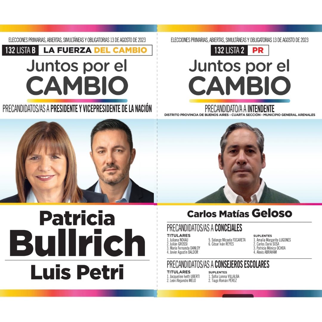 🙌 Está es la #BoletaGanadora que junto a <a href="/PatoBullrich/">Patricia Bullrich</a> va llevar la fuerza del cambio a cada rincón del Distrito de #GeneralArenales

ACOMPAÑANOS! 💪

MATIAS GELOSO
Intendente 2023
#JuntosPorElCambio