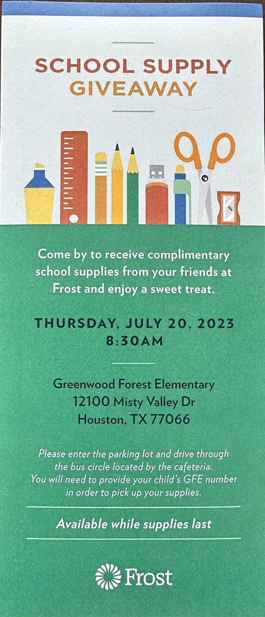 GreenwoodKISD's tweet photo. Our partners at Frost Bank are providing  complimentary school supplies for GFE students on July 20th starting at 8:30am at Greenwood Forest Elementary. This is on a first come basis. https://t.co/ELJwYXQuJd