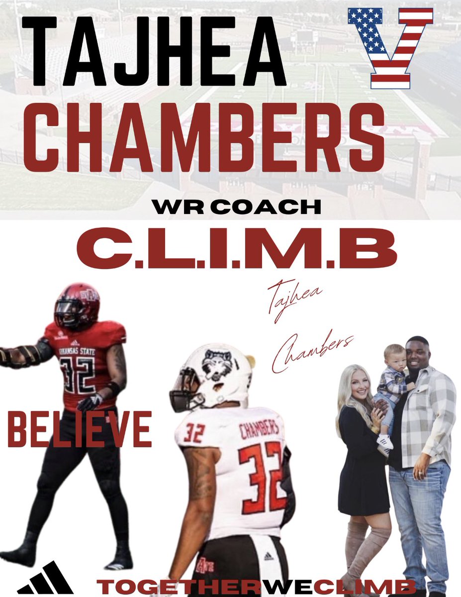 VeteransHS's tweet photo. Want to Welcome Coach    @chambers_tajhea to the Warhawk Family!! Coach is ready to help us CLIMB!! Division 1 experience and from a great football family!! We are excited to have you and your family! 
#TOGETHERWECLIMB https://t.co/HhZoq6QJZg