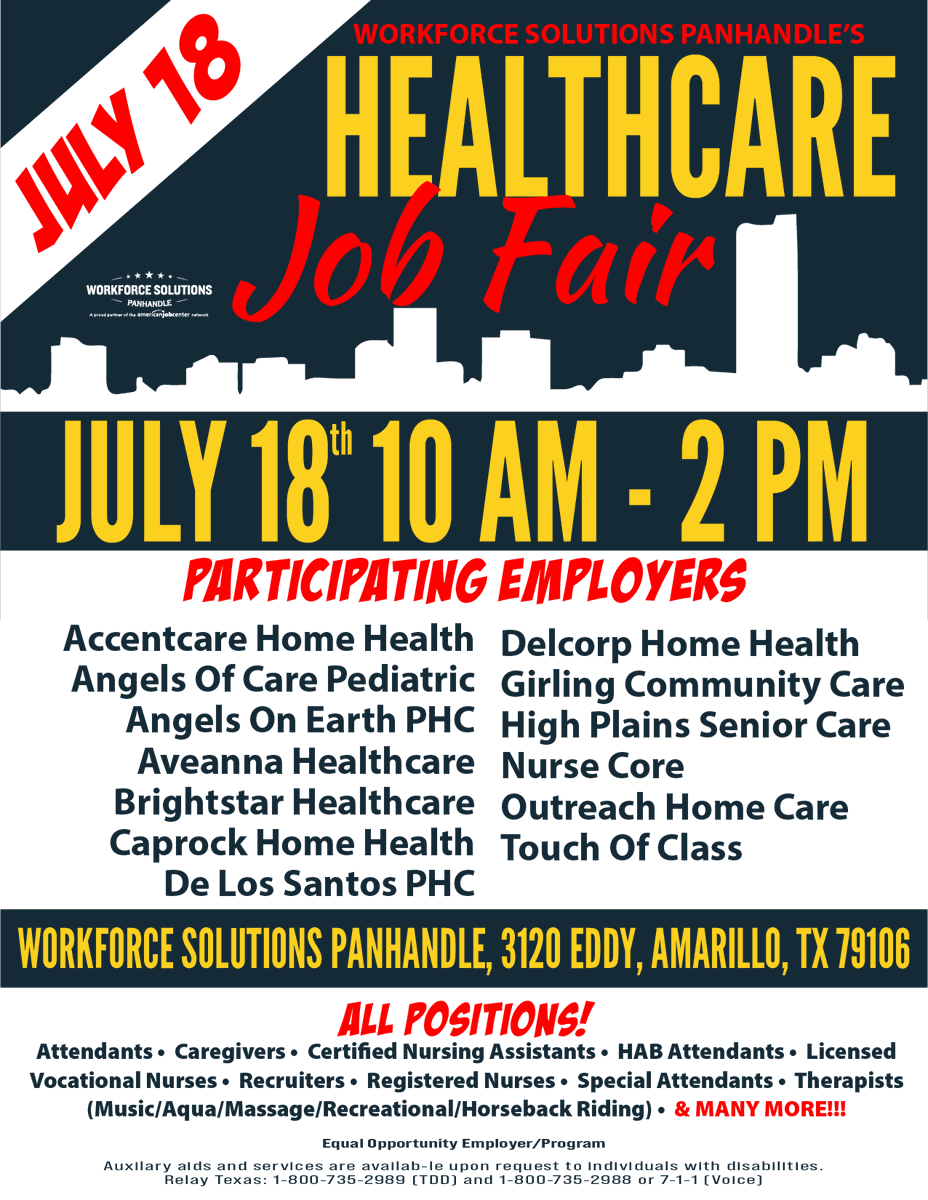 Good afternoon and happy Friday everyone! The Healthcare Job Fair is just right around the corner!

!We look forward to seeing all of you on Tuesday, July 18th from 10 AM - 2 PM here at our offices! (3120 Eddy Street, Amarillo, TX 79106)

#workforcesolutionspanhandle #nowhiring