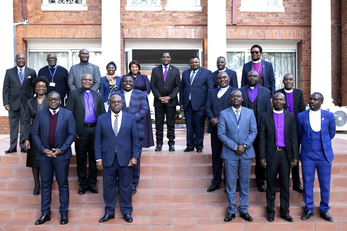 HHichilema's tweet photo. Glad to receive a delegation from Independent Churches of Zambia (#ICOZ) leadership today. Grateful for their support & recognition of our stewardship of the economy. Our inclusive govt, welcomes input from all stakeholders as we drive #Zambia to #aBrighterFuture. https://t.co/uZvyLZ2tEB