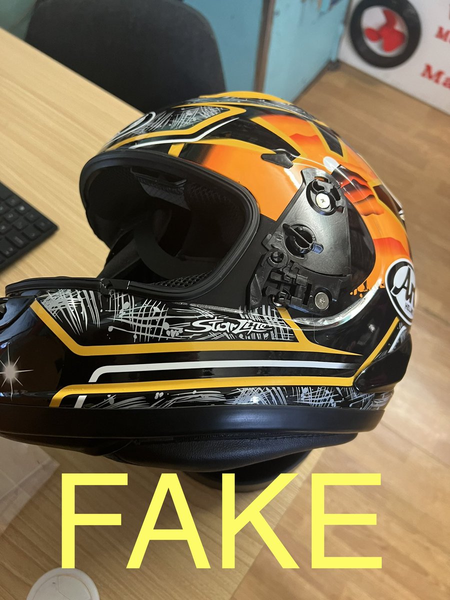 arai_ni's tweet photo. They’re out there and they’re fooling people 
FAKE HELMETS saw this in a dealership today. Really shocking that people would wear and expect protection BEWARE @WhyArai @AraiEurope https://t.co/sd6D7n6fFZ