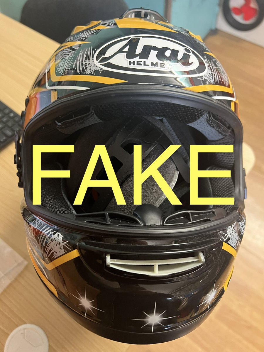 arai_ni's tweet photo. They’re out there and they’re fooling people 
FAKE HELMETS saw this in a dealership today. Really shocking that people would wear and expect protection BEWARE @WhyArai @AraiEurope https://t.co/sd6D7n6fFZ