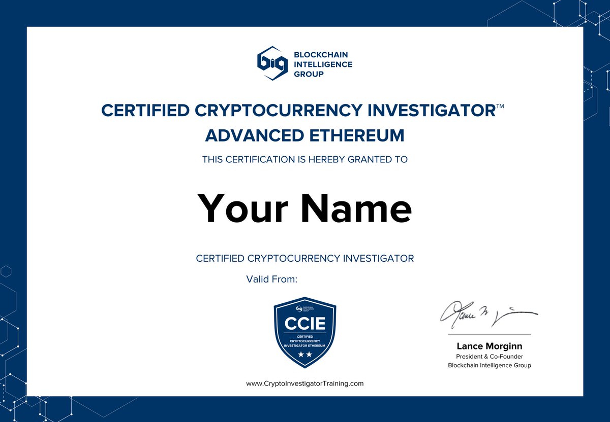 🆕 #antimoneylaundering &amp; fincrime investigations training by <a href="/blocksearch/">Blockchain Intelligence Group</a> CCI-ETH: Advanced Ethereum

👮🏾🕵🏻‍♂️Investigators &amp; #lawenforcement will learn

History, Protocol, Standards, 
Smart Contracts, Analytics, +more. w/ #QLUE

Drop me a note for more info:
bit.ly/3JZfzon
