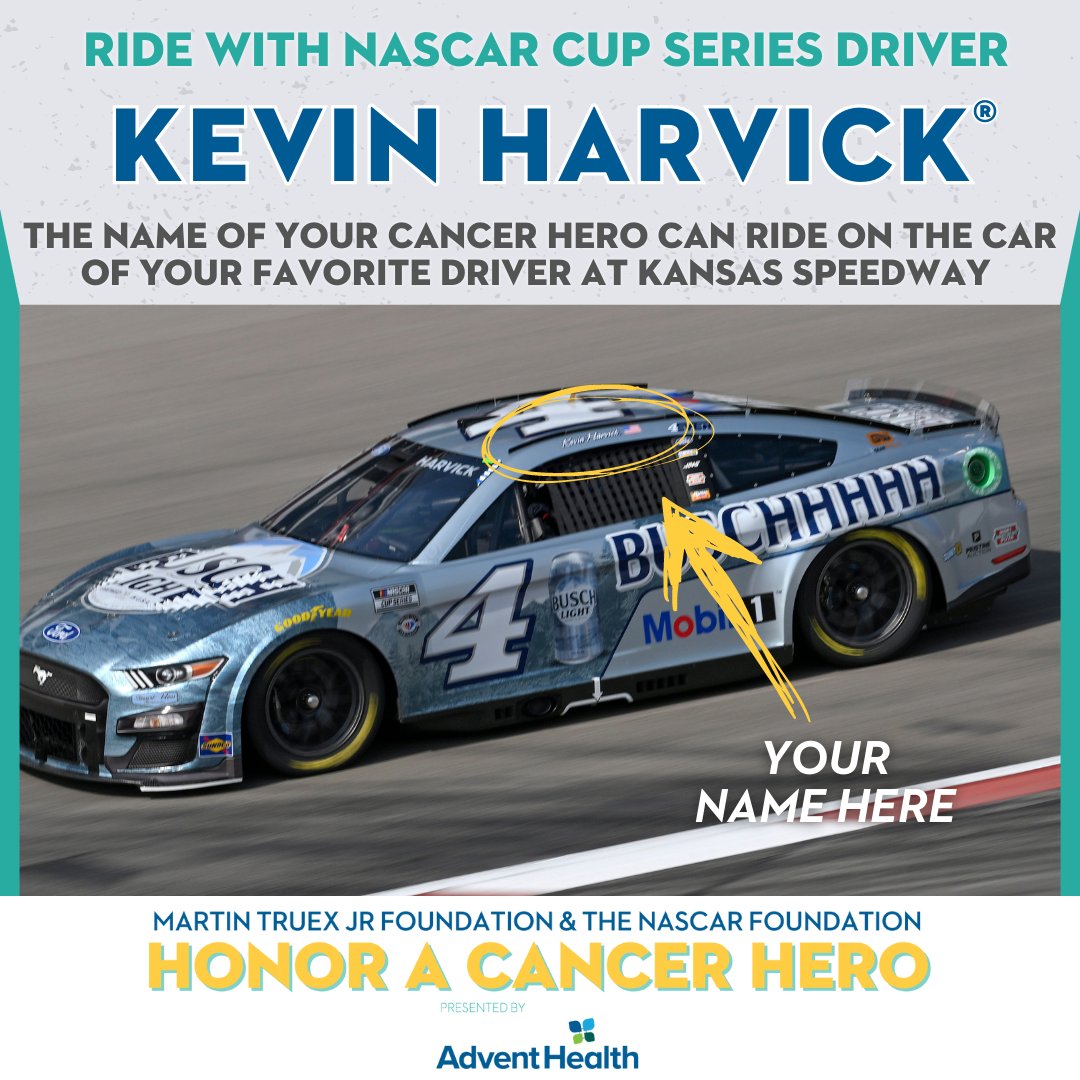 I'm happy to support  @MTJFoundation and the  @NASCAR_FDN's Honor A Cancer Hero auction!! 

To honor your cancer hero, you can have them 'ride' on my car at Kansas. 

Bid now: nas.cr/3zMvBuN 

@AdventHealth | #HeroesRideAlong