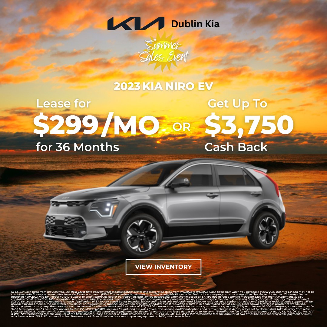 🌞 Drive into summer🚘 Lease your 2023 Kia Niro EV For Only $299/mo OR Save $3,750 Off MSRP💰🤝

Shop For Yours at 👉 p1.tt/3hgy6B4

#dublinkia #kia #kias #dublinca #kiaforsale #newkia #kiadealership
