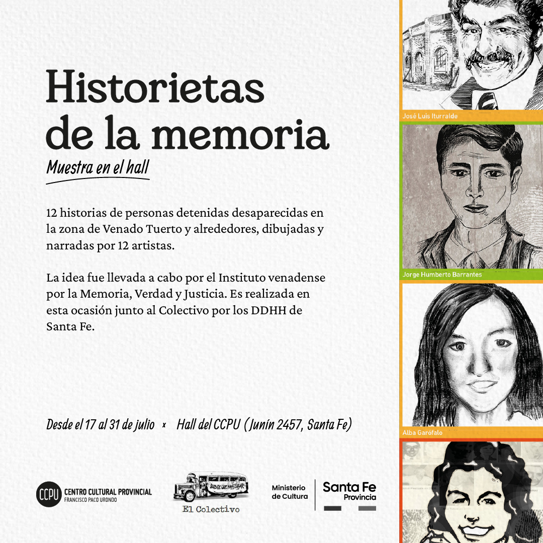 Llega “𝐇𝐈𝐒𝐓𝐎𝐑𝐈𝐄𝐓𝐀𝐒 𝐃𝐄 𝐋𝐀 𝐌𝐄𝐌𝐎𝐑𝐈𝐀” 𝐀𝐋 “𝐏𝐀𝐂𝐎” 𝐔𝐑𝐎𝐍𝐃𝐎

“Historietas de la memoria” es una muestra diferente. 12 historias de personas detenidas desaparecidas en la zona de Venado Tuerto y alrededores, dibujadas y narradas por 12 artista.