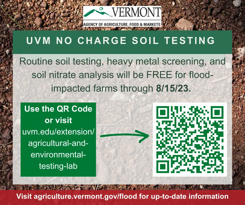 VTAgencyofAg's tweet photo. FREE routine soil testing, heavy metal screening, and soil nitrate analysis courtesy of UVM Extension's Ag &amp; Environmental Testing Lab through August 15th. Click the QR Code in the post or visit https://t.co/DSiodPM6m0. #FloodResponse #Vermont #VTAgriculture #VTFlood https://t.co/MWkObRITHf