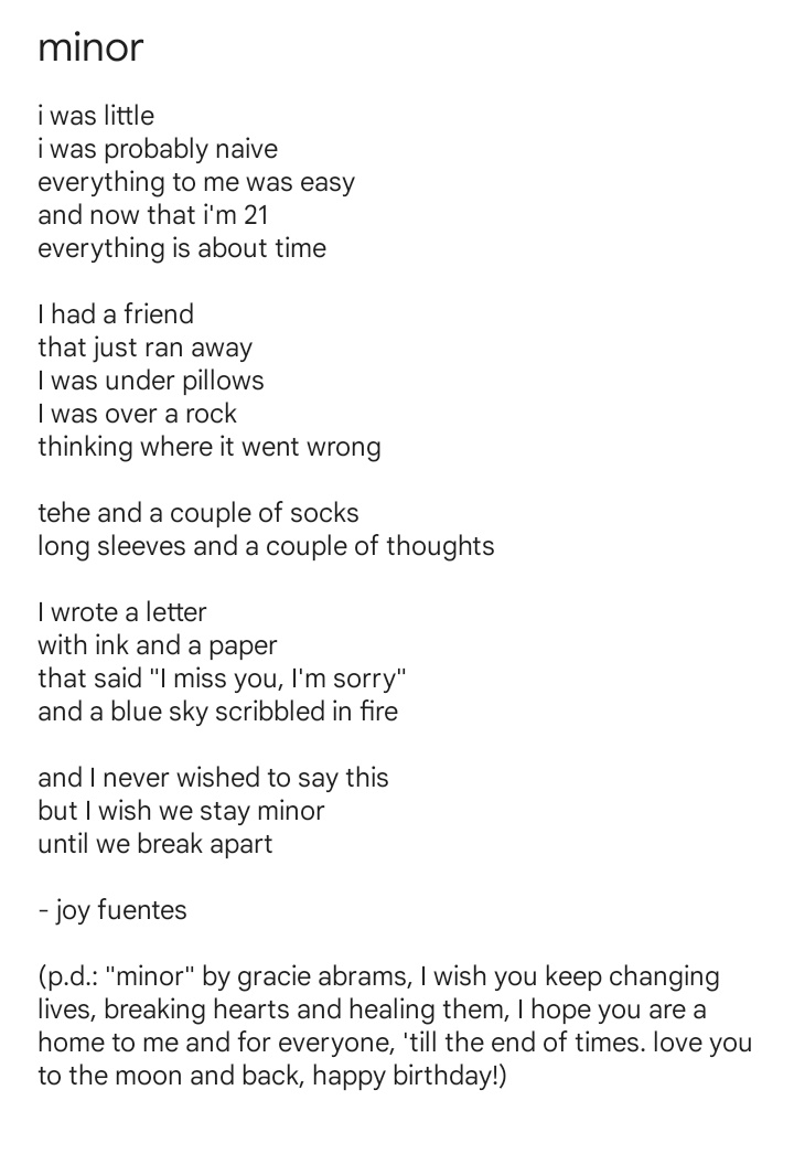 folkcala's tweet photo. hii, i wrote a poem called "minor" in honor of minor's bday, and i wanted to share it, hope you like it ❤️ #Happy3rdBirthdayMinor ✨
@gracieabrams @gracieshq https://t.co/gYezVqQhq4