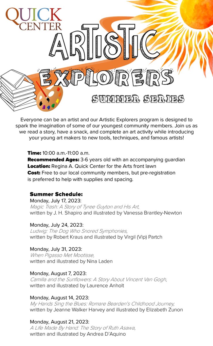 QuickArtsCenter's tweet image. There is still time to sign up for our Artistic Explorers Summer Series! Our first session is this coming Monday, July 17th, at 10:00am on the front lawn of the Quick Center. Check out all our project offerings and register here: sbu.edu/life-at-sbu/ar…