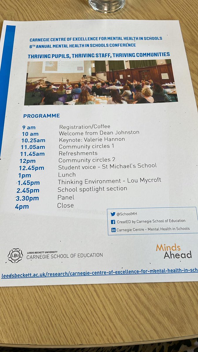 Today gifted me another opportunity to #connect with #colleagues, fellow #professionals &amp; "my" #students! 

The <a href="/Minds_Ahead/">Minds Ahead</a> &amp; <a href="/SchoolMHealth/">Carnegie Centre of Excellence for MH in Schools</a> conference held <a href="/leedsbeckett/">Leeds Beckett</a>. An array of speakers, all focusing on #schoolmentalhealth. 

A very important #conversation to be having!
