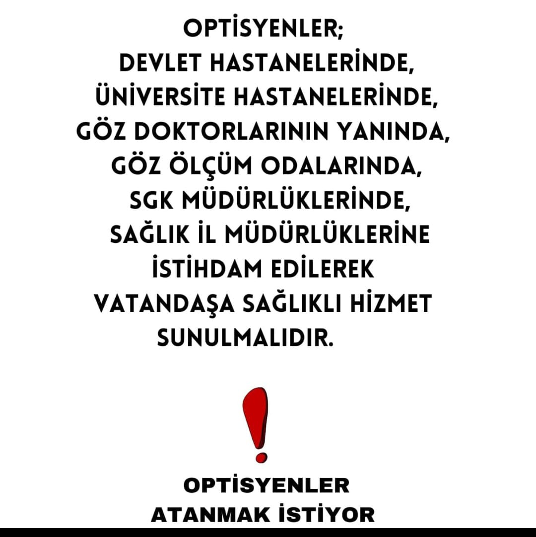 Optik mağza denetimleri OPTİSYENLERİN görevidir. Her göz doktoruna bir optisyen.
<a href="/saglikbakanligi/">T.C. Sağlık Bakanlığı</a> <a href="/drfahrettinkoca/">Dr. Fahrettin Koca</a>  <a href="/sgksosyalmedya/">SGK</a> <a href="/konyailsaglik/">Konya İl Sağlık Müdürlüğü</a> 
#GözdokturunaOptisyenŞart
#Optisyene2000Atama