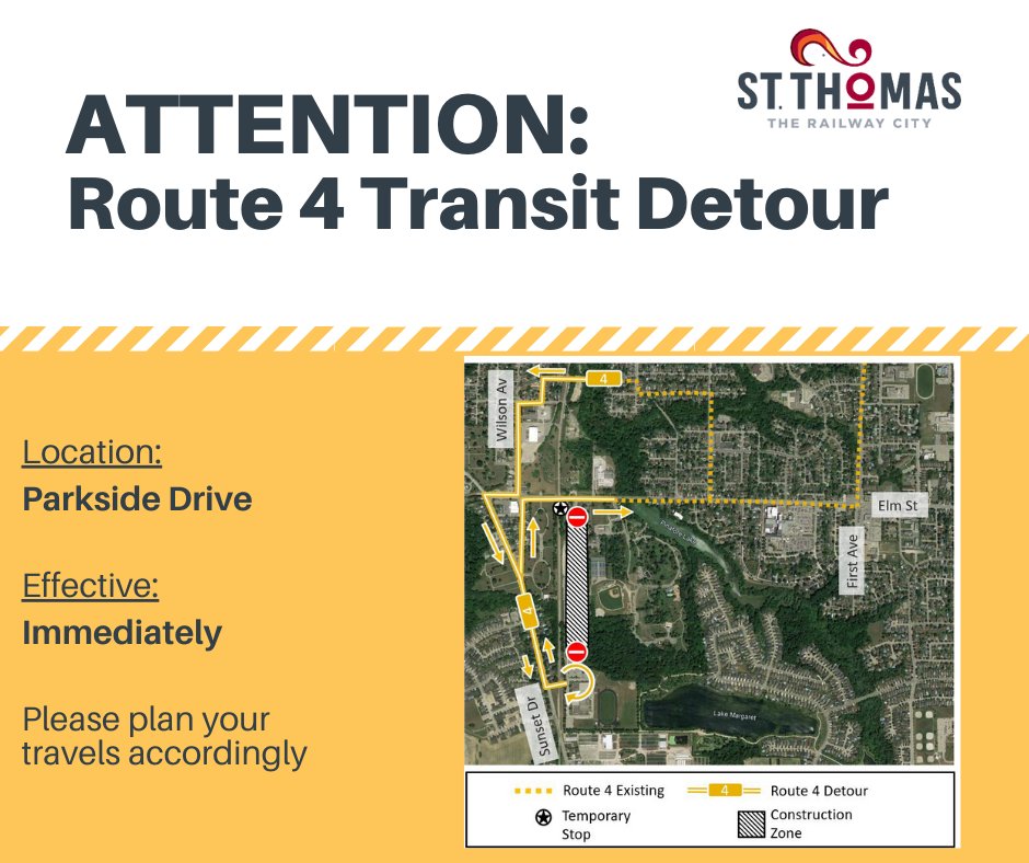 NOTICE - TRANSIT DETOUR A #transittuesday reminder that route 4 has been detoured to accommodate Parkside Drive construction. Stops 416 & 417 are closed with a temporary stop open at Elm & Parkside. For more information visit stthomas.ca/living_here/tr… #therailwaycity #localmotion