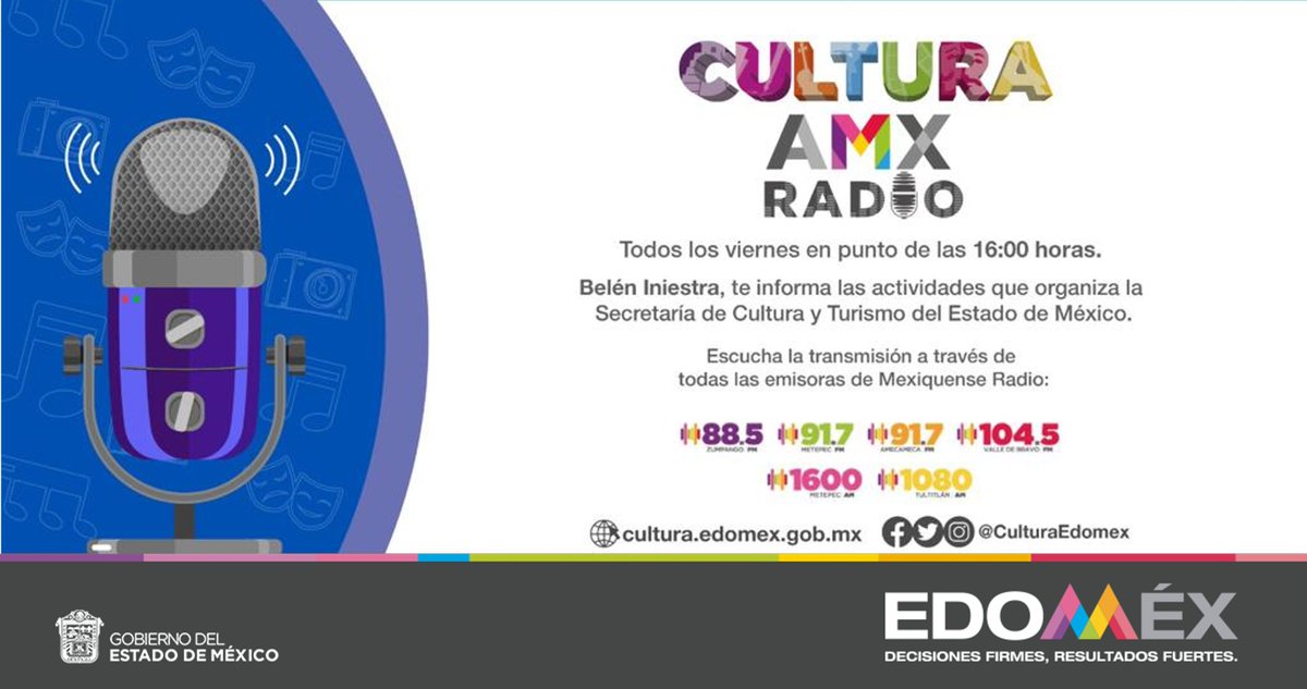 CulturaEdomex's tweet photo. Ya es viernes de #CulturaAMXRadio, hoy te contaremos todos los detalles sobre el Festival Internacional #Danzatlán2023 🩰 🎭, del #FestivalDeLasLuciérnagas ✨ 2023 y de la 8va #FeriaDeLaBarbacoa y #Pulque 🐑 
@AraidBelen 🎙️
⏰ 16 h
📻 91.7 FM
https://t.co/6qVq12mfQV
@MexiquenseR https://t.co/OnrlBvPTmK