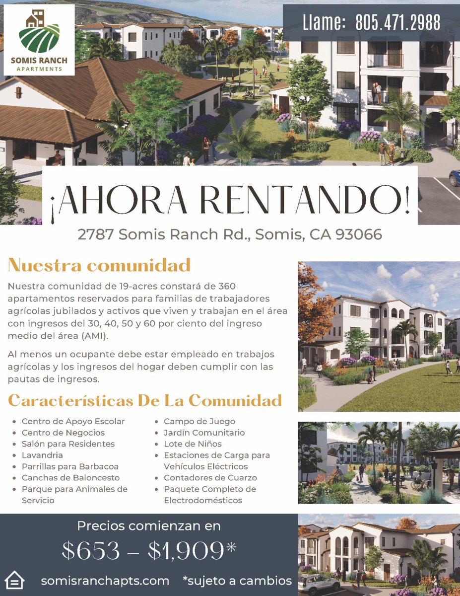 Farmworkers can apply now for a new Somis Ranch apartment! They may immediately visit our website and click on “Join Our Interest List”…somisranchapts.com