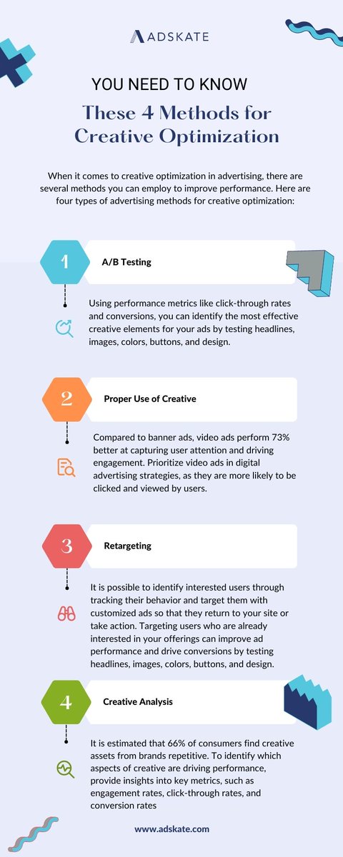AdSkateInc's tweet image. Check out these four methods for creative optimization we put together for all the marketers/advertisers out there!

🔍 A/B Testing
🎥 Proper Use of Creative
🔁 Retargeting
🔬 Creative Analysis

Feel free to share your methods! 👇

#creativeoptimization #creativeanalysis