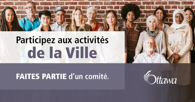 Un groupe de personnes diverses se tient contre un mur de briques. Dans une zone de texte blanche et violette, on peut lire : « Participez aux activités de la Ville. Faites partie d'un comité.»