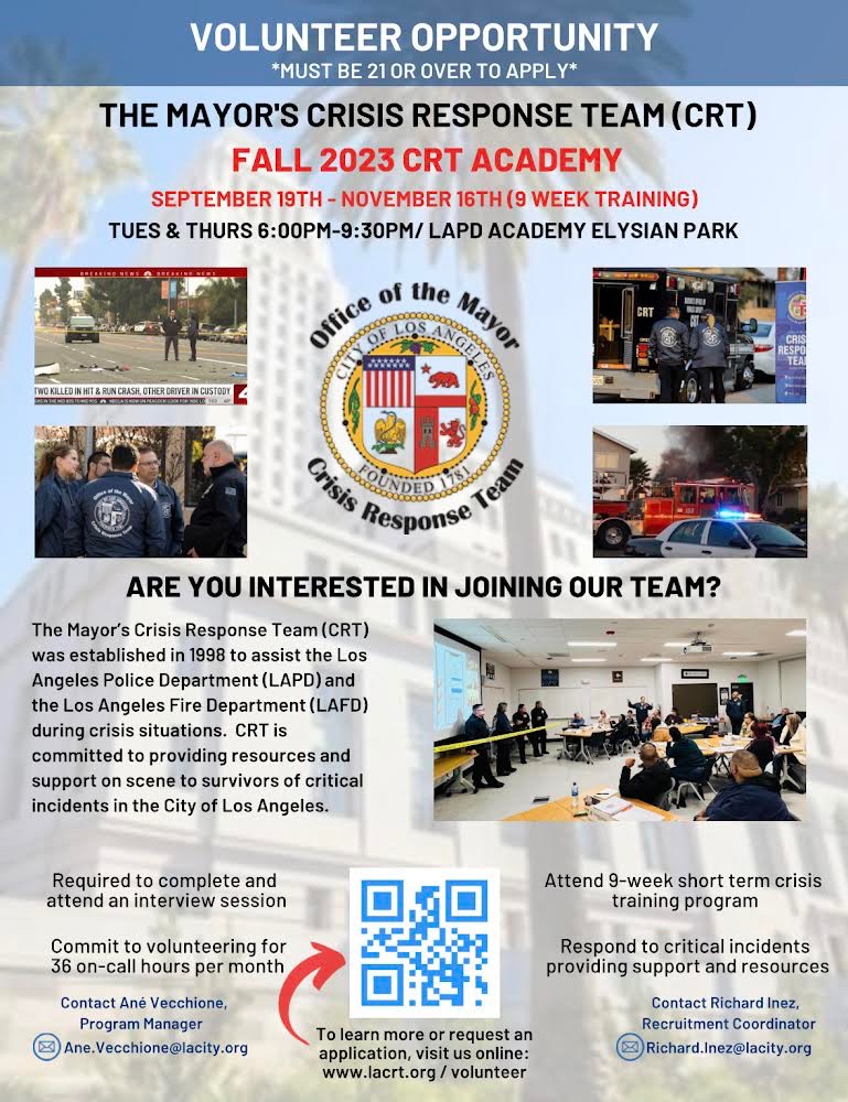 LA_MayorCRT's tweet photo. Are you passionate about helping others during times of crisis? Are vou looking for a meaningful volunteer opportunity? Look no further! The Mayor's CRT program in Los Angeles is currently seeking candidates to join our team. https://t.co/IK3BcYXKsq